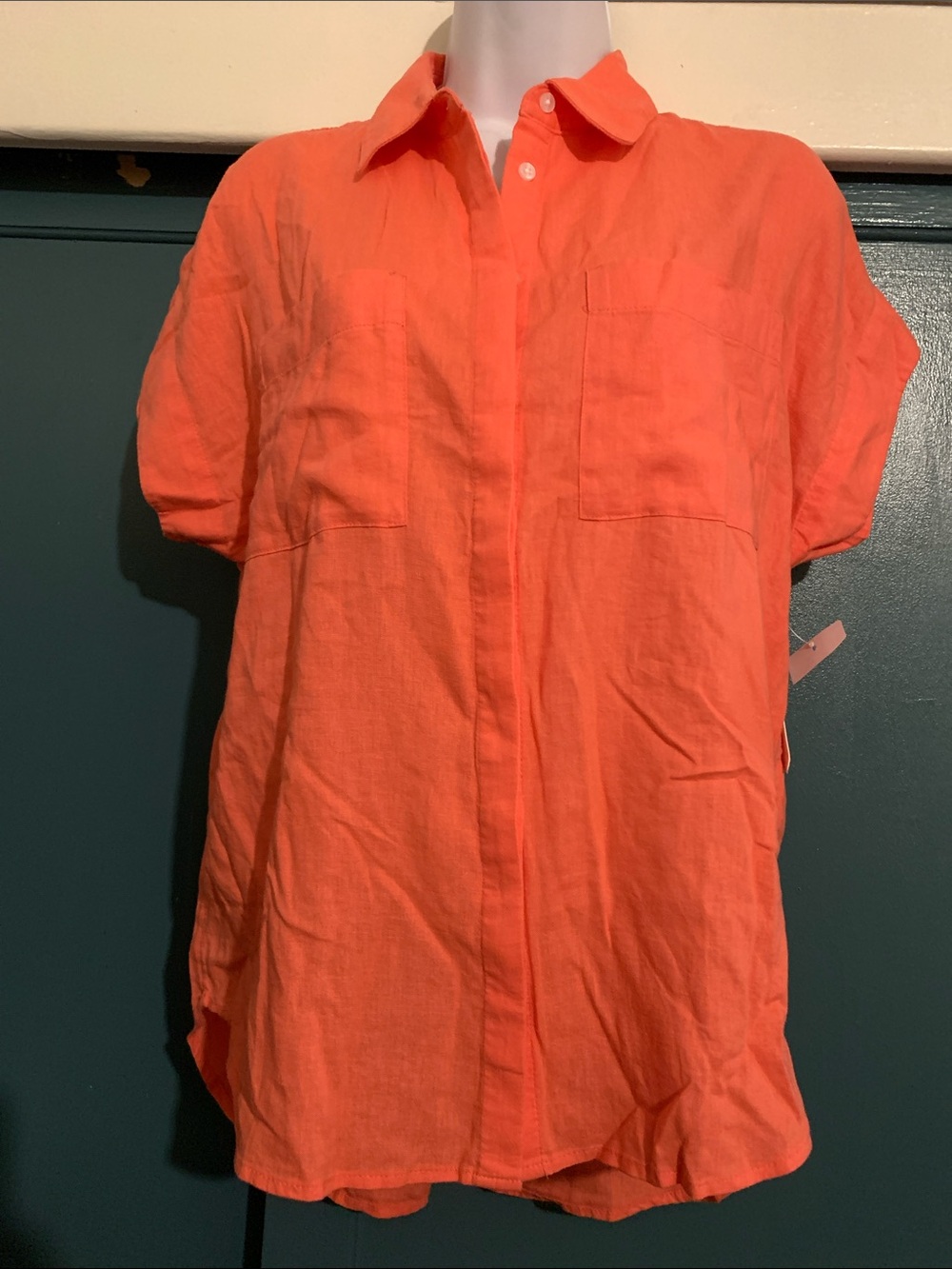 Caslon Orange Linen Button-Front Short-Sleeve Blouse